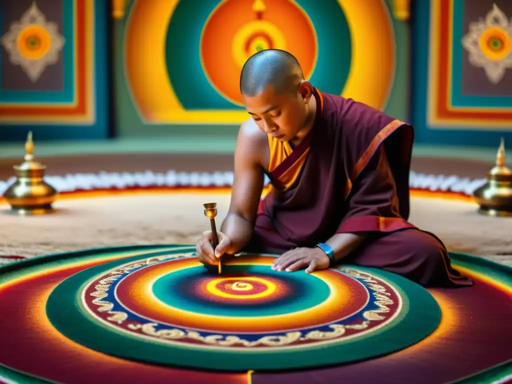 Un monje budista crea un mandala de arena en un templo, con símbolos y colores vibrantes