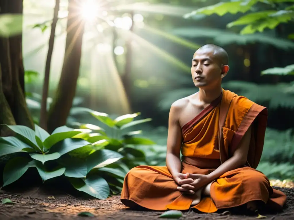 Un monje budista en meditación profunda, rodeado de naturaleza exuberante