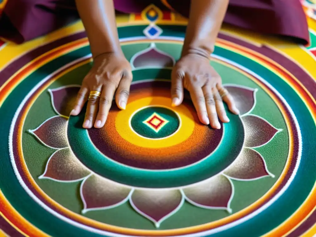 Un monje budista crea con meticulosidad un mandala de arena, aplicando el principio de impermanencia en una cautivadora imagen de alta resolución