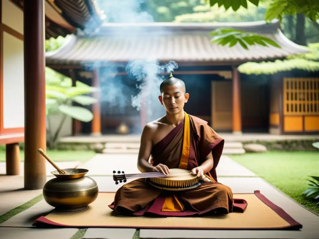 Monje budista tocando música tradicional para elevar espíritu en un tranquilo patio de templo, rodeado de naturaleza y humo de incienso