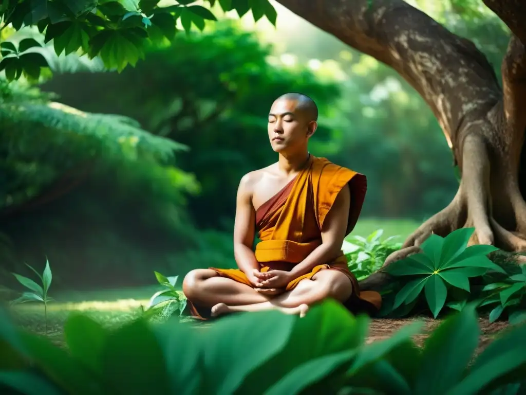 Monje budista meditando en la naturaleza, reflejando serenidad y la enseñanza de enfrentar sufrimiento en el budismo