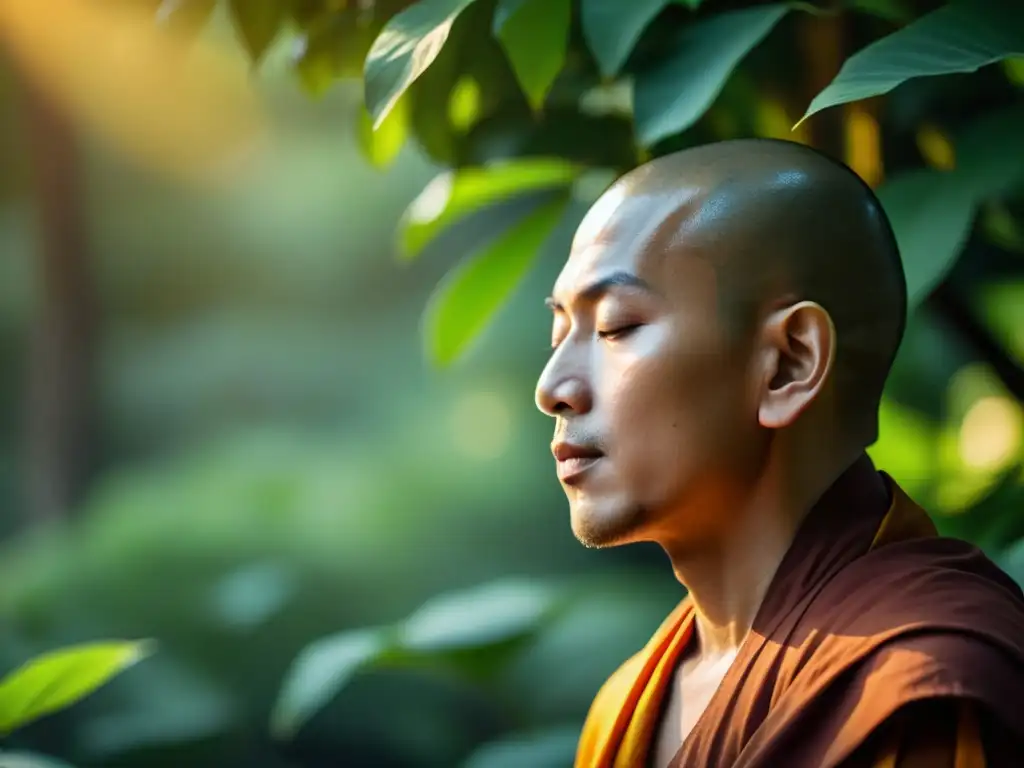 Un monje budista meditando serenamente en la naturaleza al amanecer