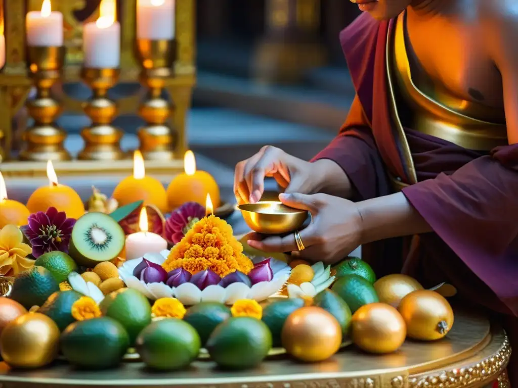 Un monje budista arregla ofrendas de comida en un altar dorado en un templo asiático, creando una hermosa muestra de gastronomía en templos asiáticos