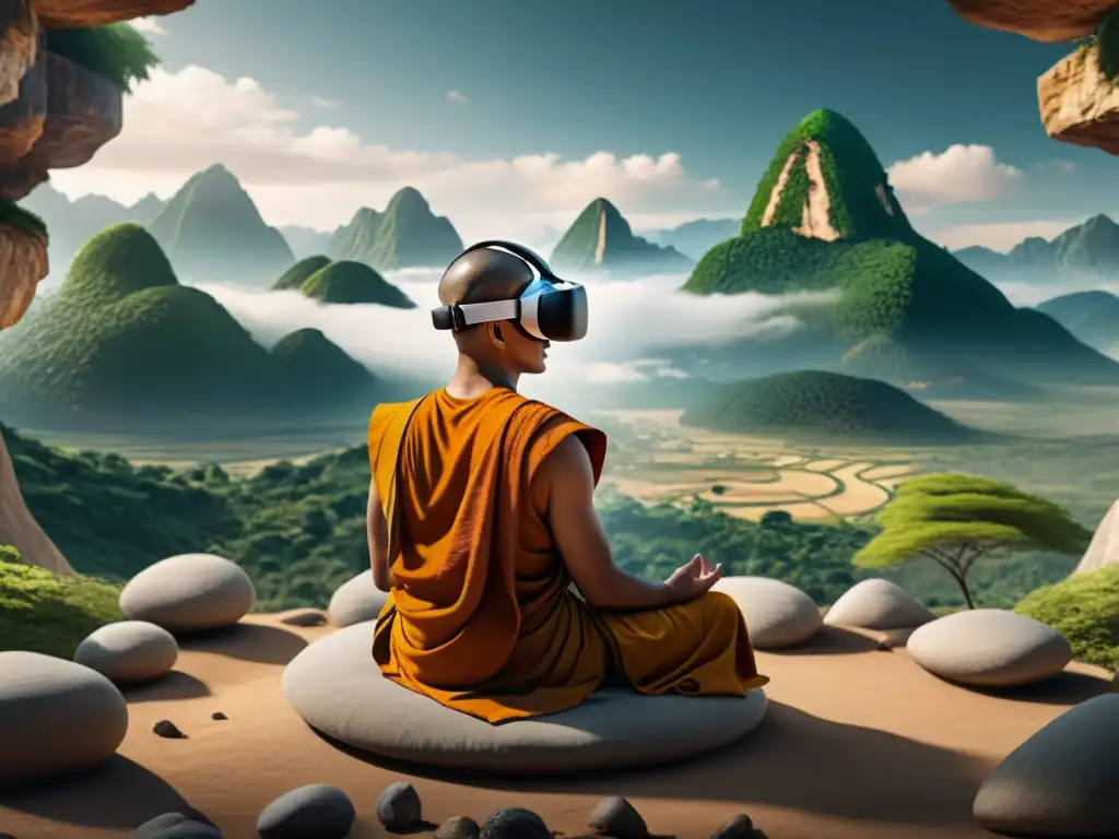 Un monje budista meditando en un paisaje virtual, fusionando lo espiritual con la tecnología