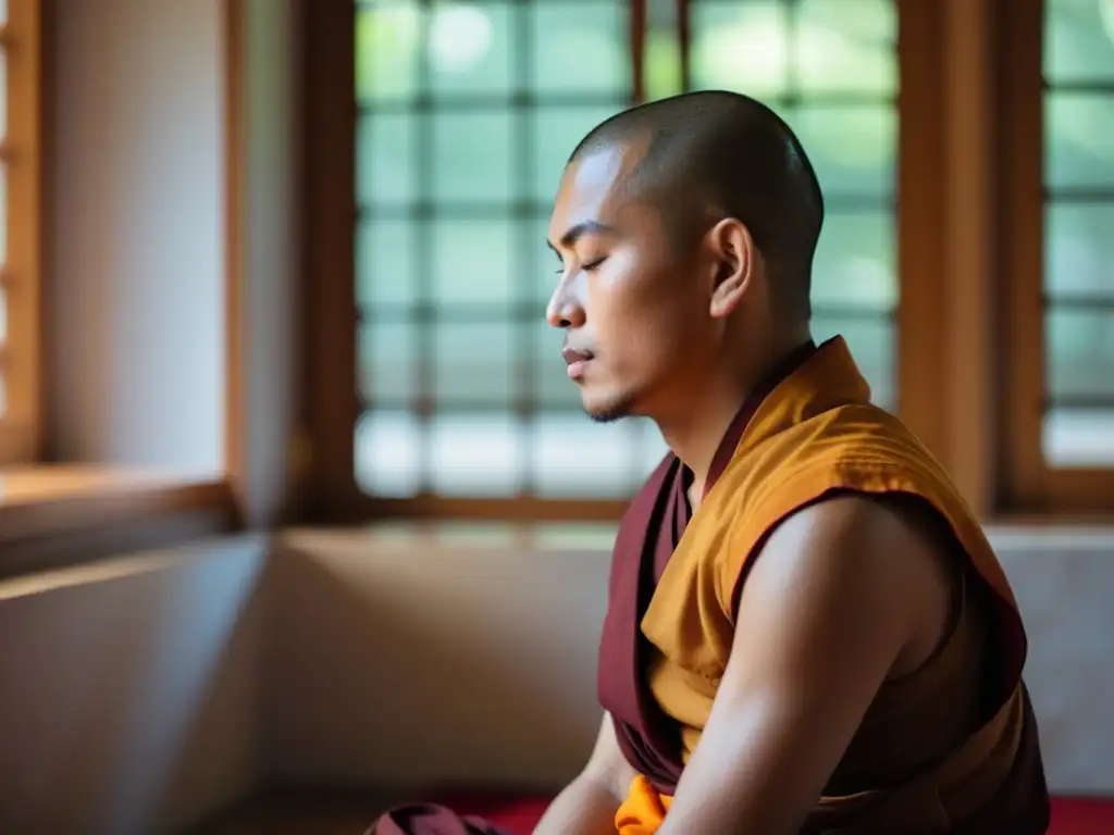 Un monje budista medita en postura tradicional, irradiando serenidad en un tranquilo salón de meditación