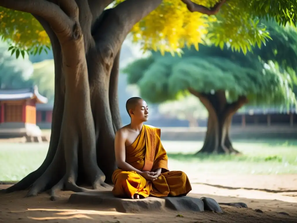 Un monje budista en profunda meditación bajo un árbol Bodhi, rodeado de serenidad y equilibrio perfecto en Budismo