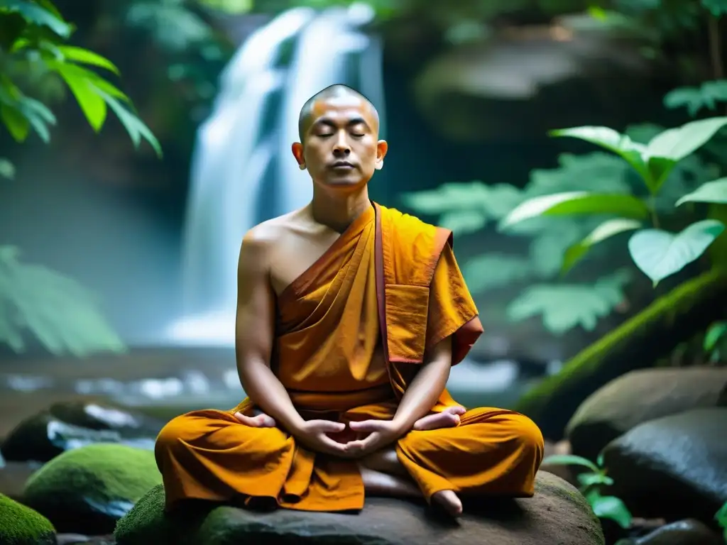 Un monje budista en meditación, rodeado de naturaleza exuberante y una cascada, irradia paz y atención plena