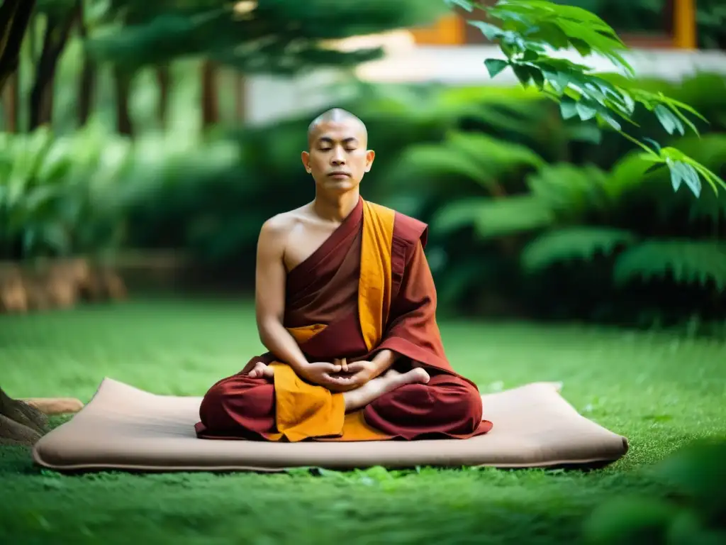 Un monje budista en meditación, rodeado de naturaleza exuberante, transmite serenidad y mindfulness en la sociedad actual