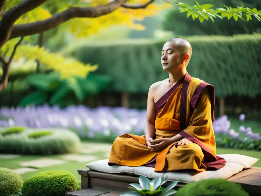 Un monje budista en un jardín, rodeado de naturaleza exuberante, meditando en perfecto equilibrio espiritual