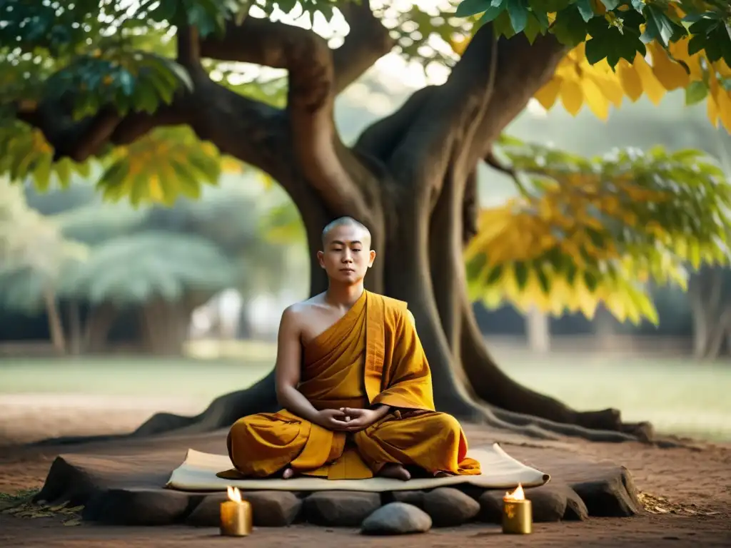 Un monje budista medita sereno bajo un árbol Bodhi, con la luz dorada entre las hojas