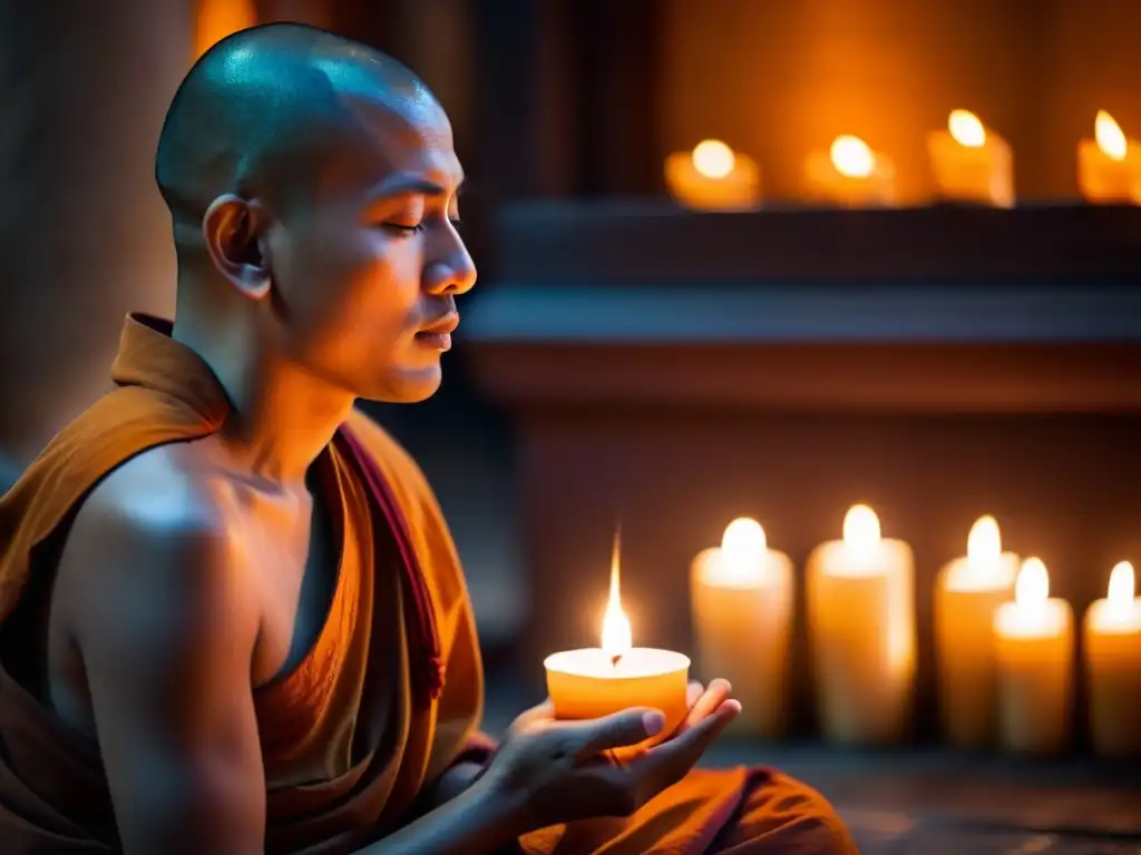 Un monje budista meditando en silencio, iluminado por velas, transmite el poder y significado de la meditación budista en un templo sereno