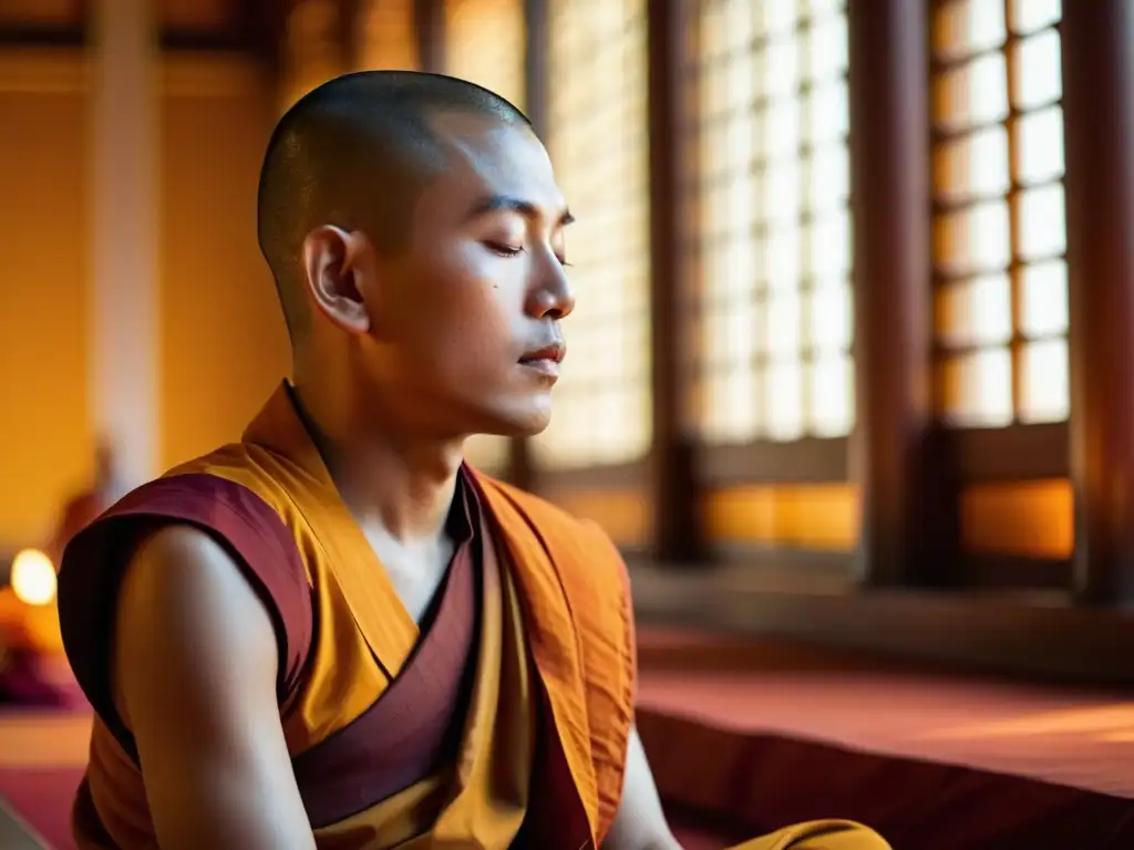 Un monje budista meditando en un templo, con una expresión de paz y concentración