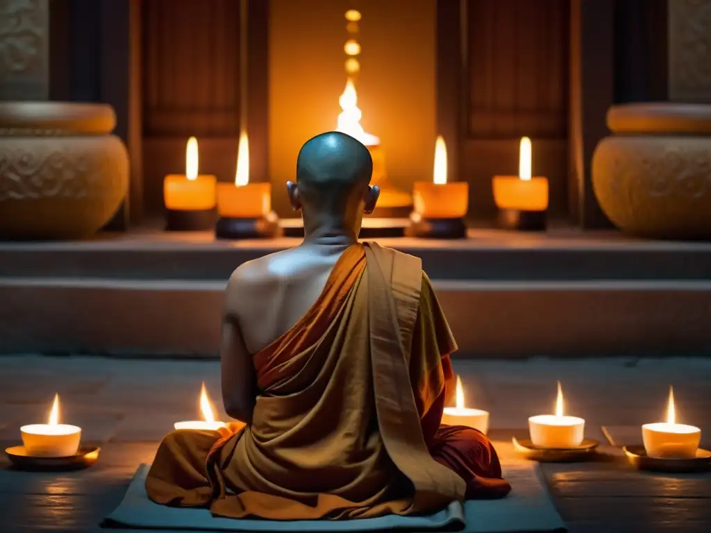 Un monje budista medita en un templo iluminado por velas