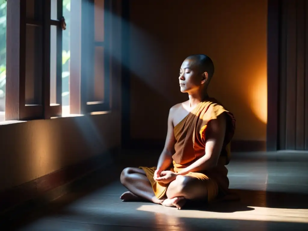 Un monje budista medita en un templo iluminado por suave luz, emanando serenidad y reflexión profunda