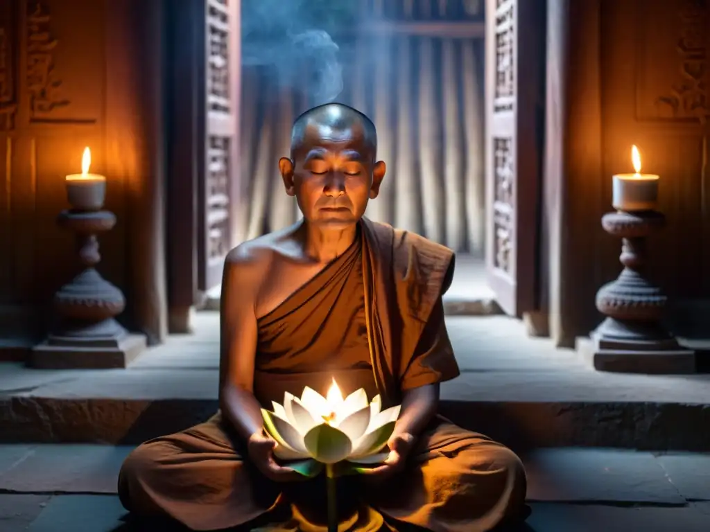 Monje budista meditando en templo iluminado por velas, transmite serenidad y sabiduría con la flor de loto en sus manos