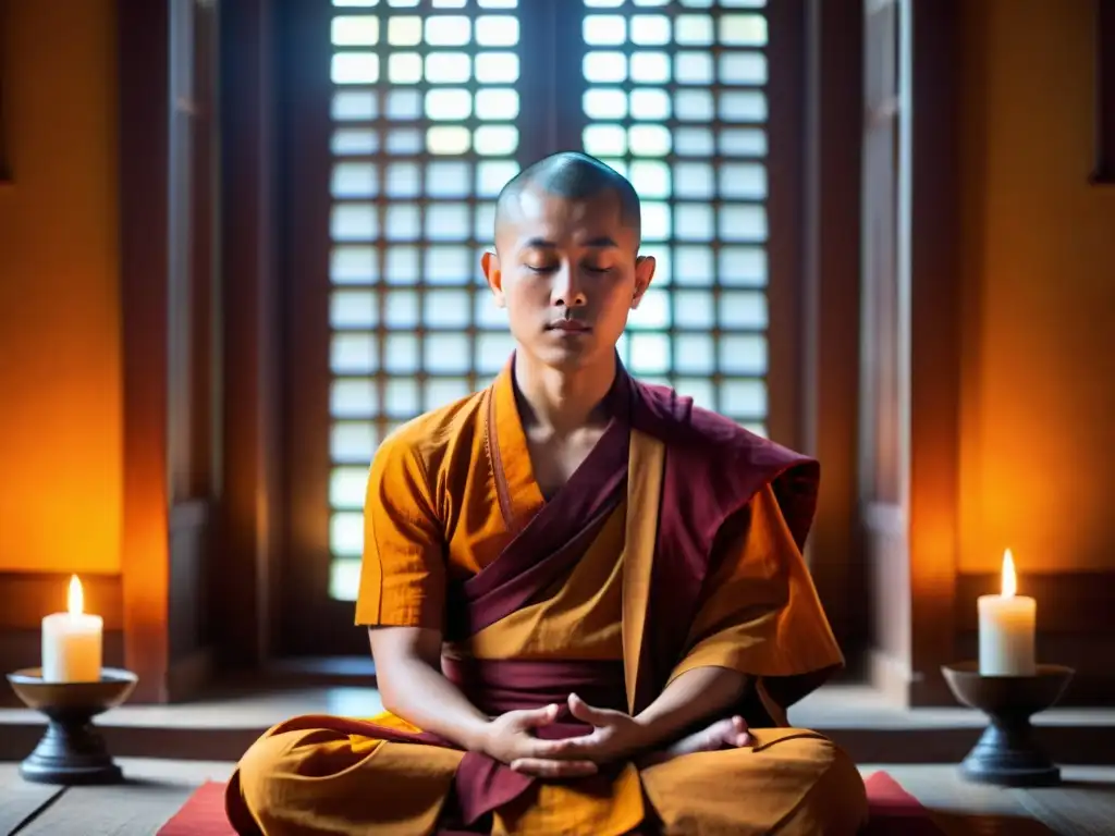 Un monje budista meditando en un templo, iluminado por luz natural