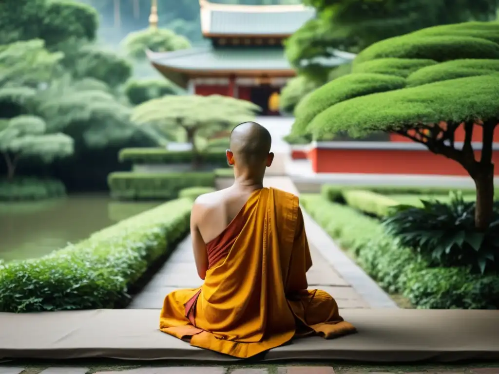 Monje budista meditando en un templo rodeado de vegetación exuberante, transmitiendo serenidad y atención plena