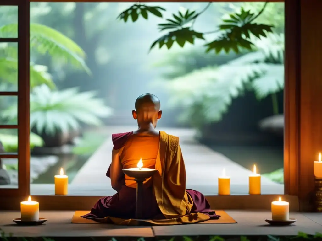 Monje budista meditando en un templo, rodeado de naturaleza y luz de velas