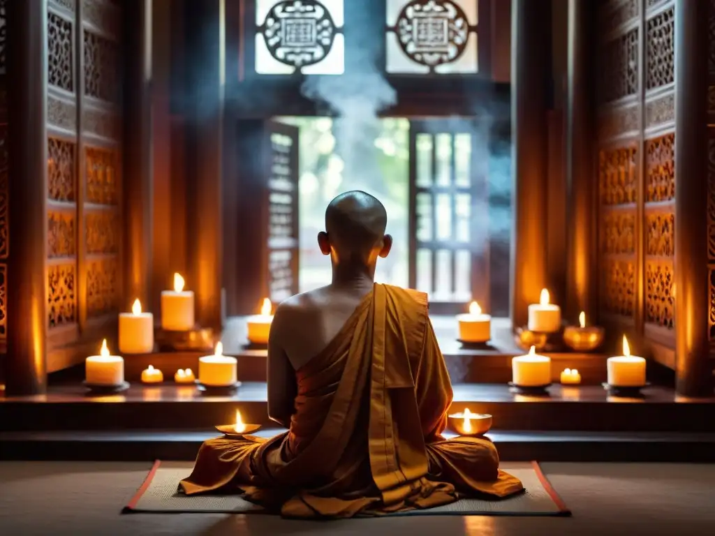 Un monje budista medita en un templo sereno, iluminado por velas, incienso y luz natural