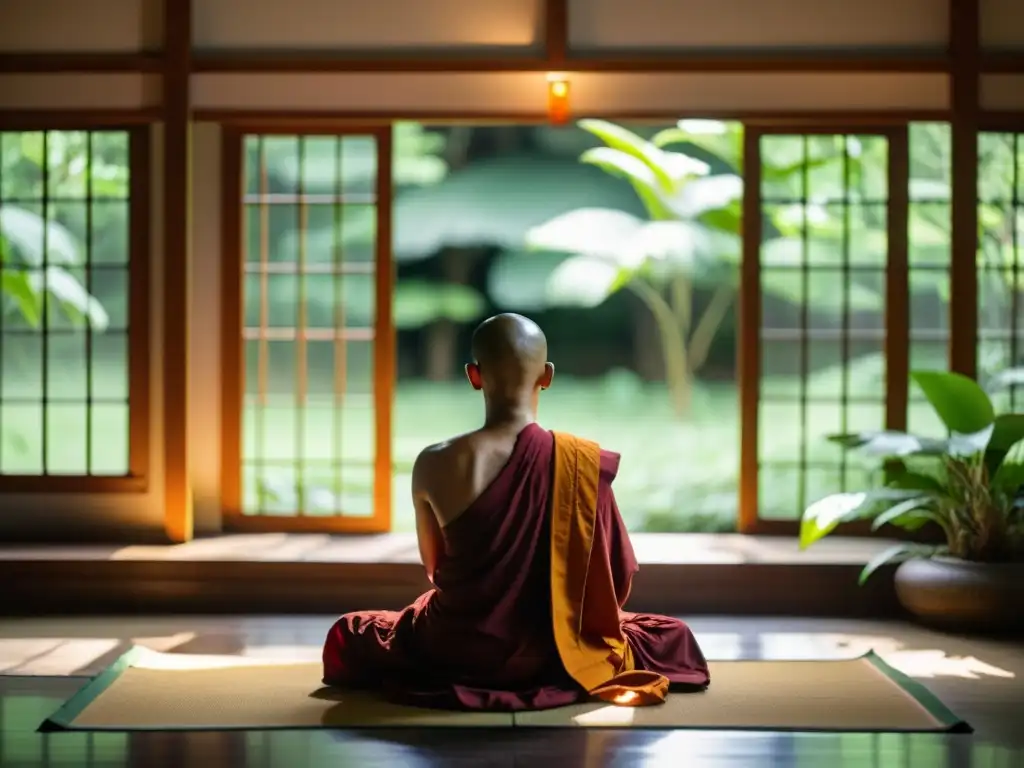 Monje budista meditando en un templo tranquilo, rodeado de vegetación, iluminado por luz natural