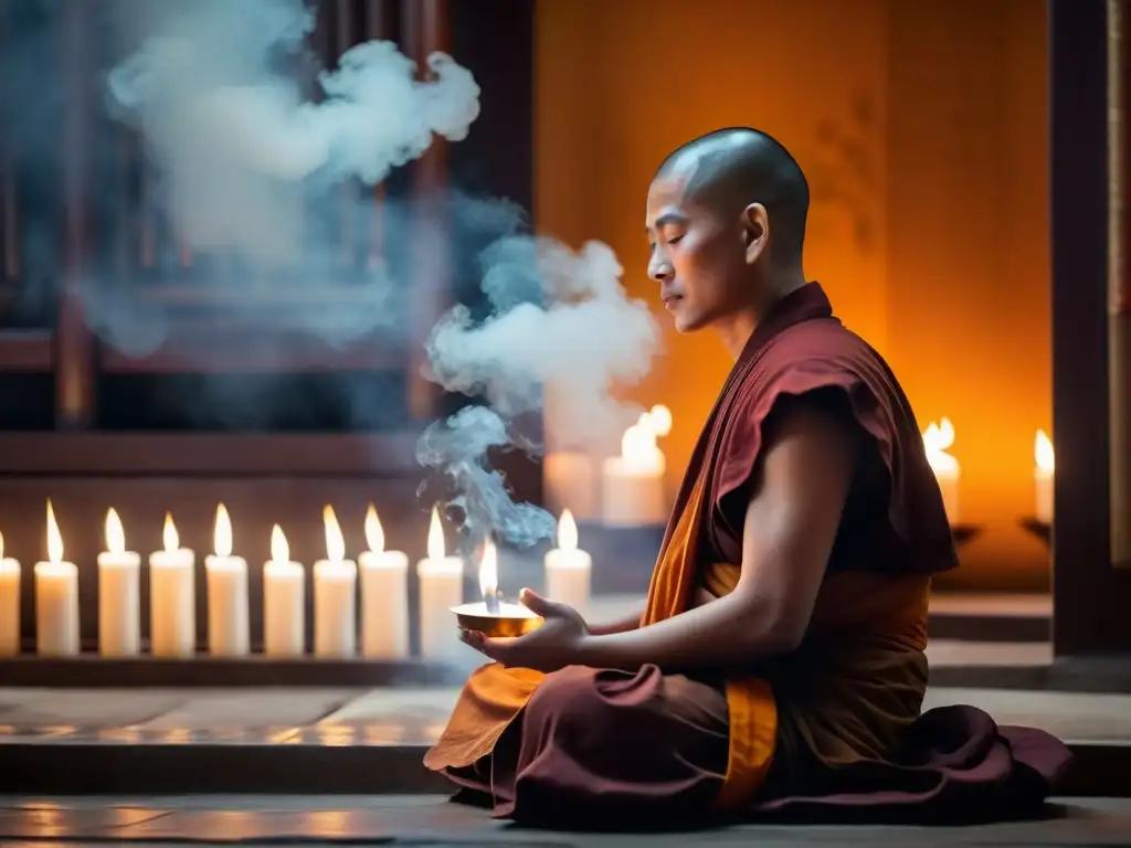 Un monje budista medita en un templo tranquilo, rodeado de velas y humo de incienso