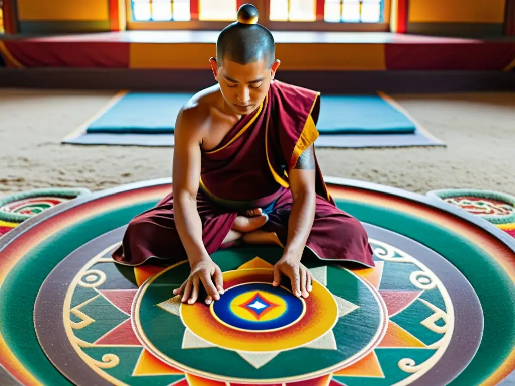 Un monje budista tibetano crea un mandala de arena con significado espiritual en un templo tranquilo