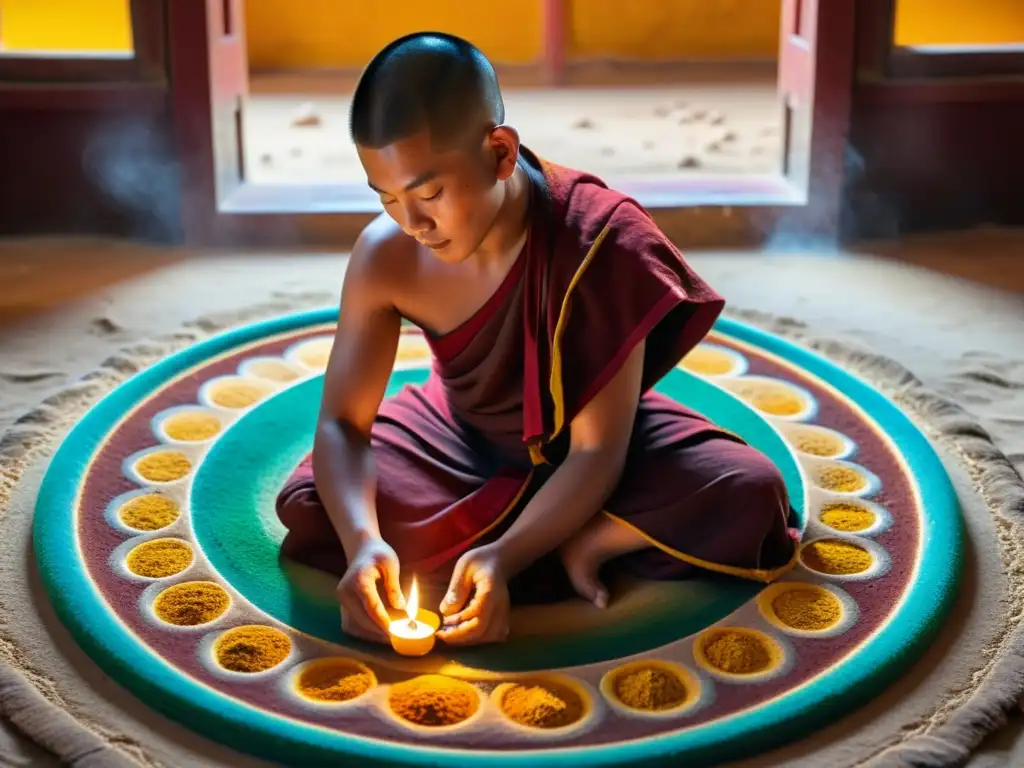 Monje budista tibetano creando mandala con significado espiritual en templo tranquilo