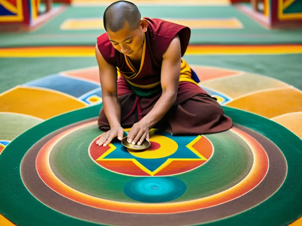 Un monje budista tibetano crea un mandala de arena con intrincados diseños geométricos y colores brillantes, en un espacio sagrado