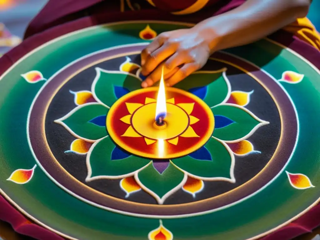 Un monje budista tibetano crea un mandala de arena, mostrando la aplicación práctica del concepto de vacuidad en un templo sereno