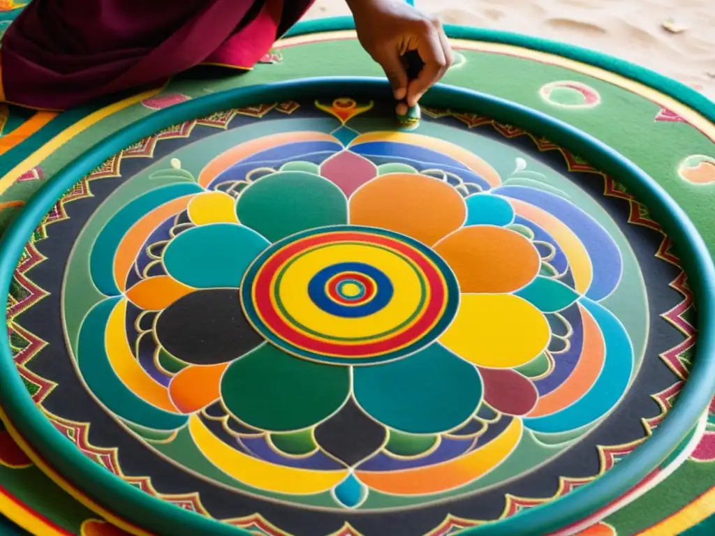 Un monje budista tibetano crea un mandala de arena detallado, mostrando la noción de Karma en tradiciones orientales