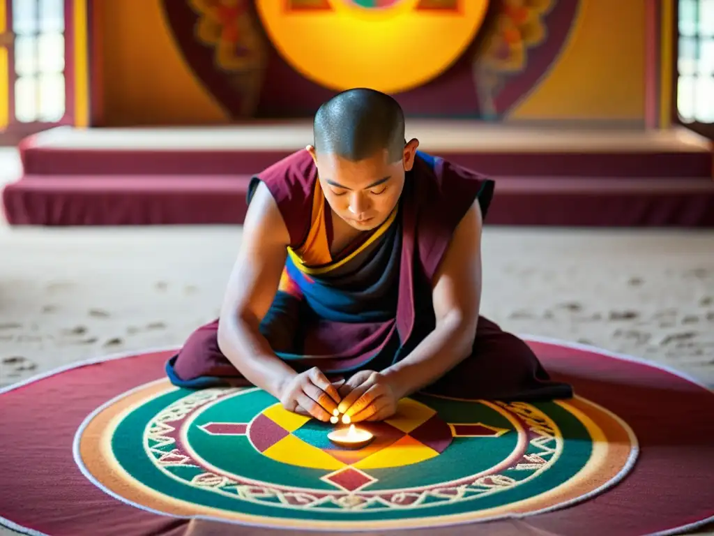 Un monje budista tibetano crea un mandala de arena, rodeado de lámparas de mantequilla y luz natural, en un ambiente de reverencia y serenidad