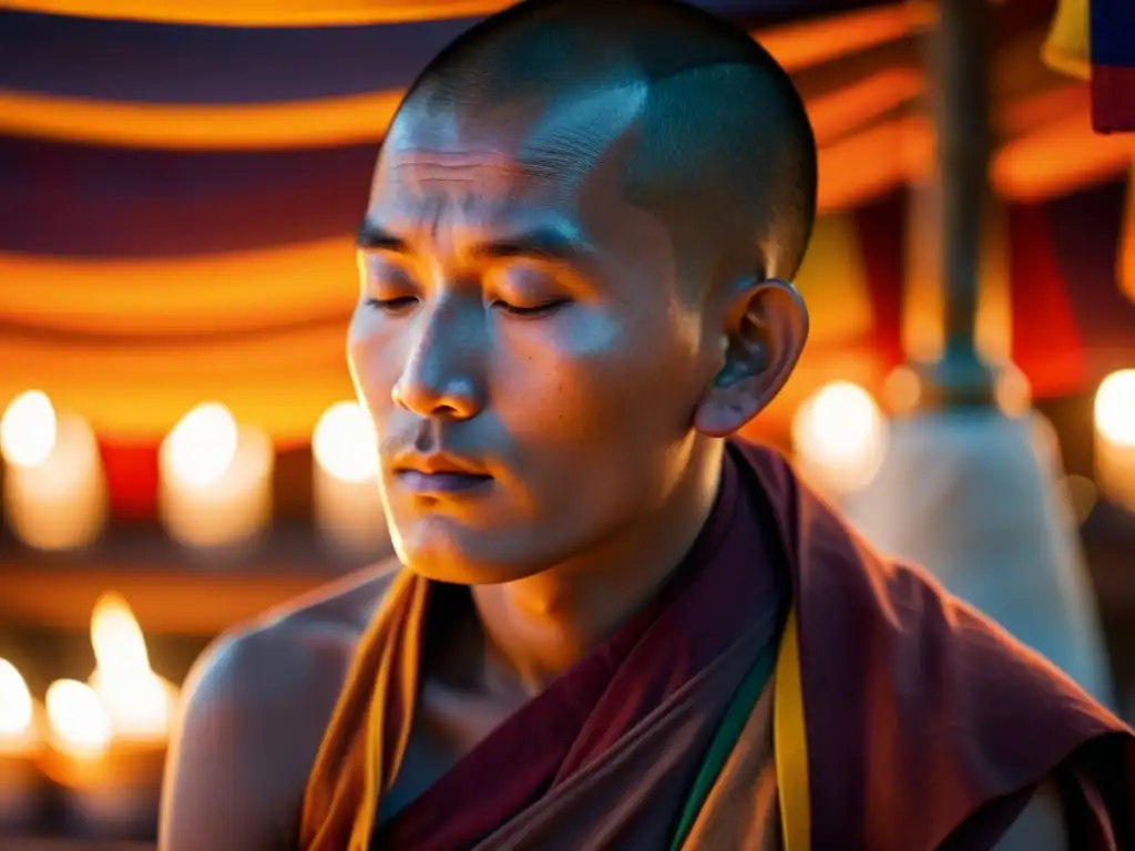 Un monje budista tibetano medita rodeado de velas y banderas de oración, transmitiendo serenidad y paz interior