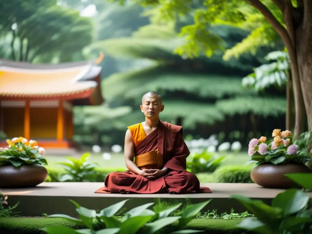 Un monje budista medita en un jardín tranquilo, irradiando calma y serenidad