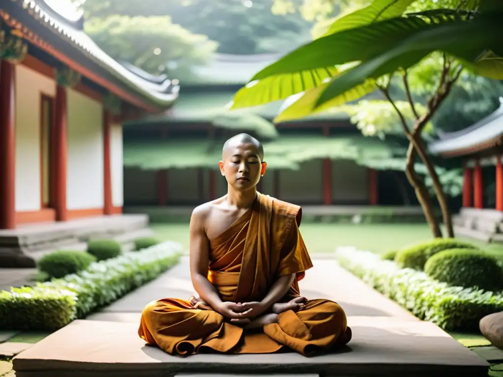 Un monje budista medita en un tranquilo patio de templo, rodeado de exuberante vegetación