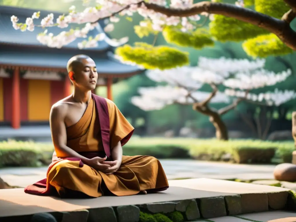 Monje budista meditando en un tranquilo templo, rodeado de naturaleza exuberante y árboles de cerezo en flor