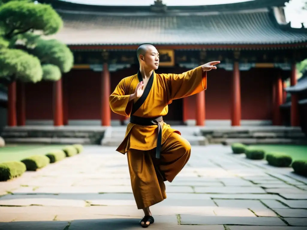 Monje budista practicando Wushu en un antiguo templo, reflejando la influencia del monacato en el Wushu moderno