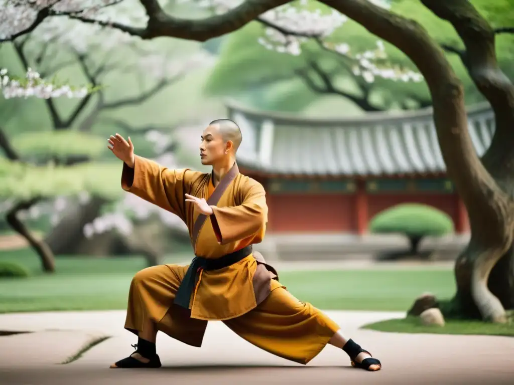 Un monje Shaolin practica Tai Chi bajo cerezos en flor, transmitiendo calma y serenidad con sus movimientos fluidos y su expresión tranquila