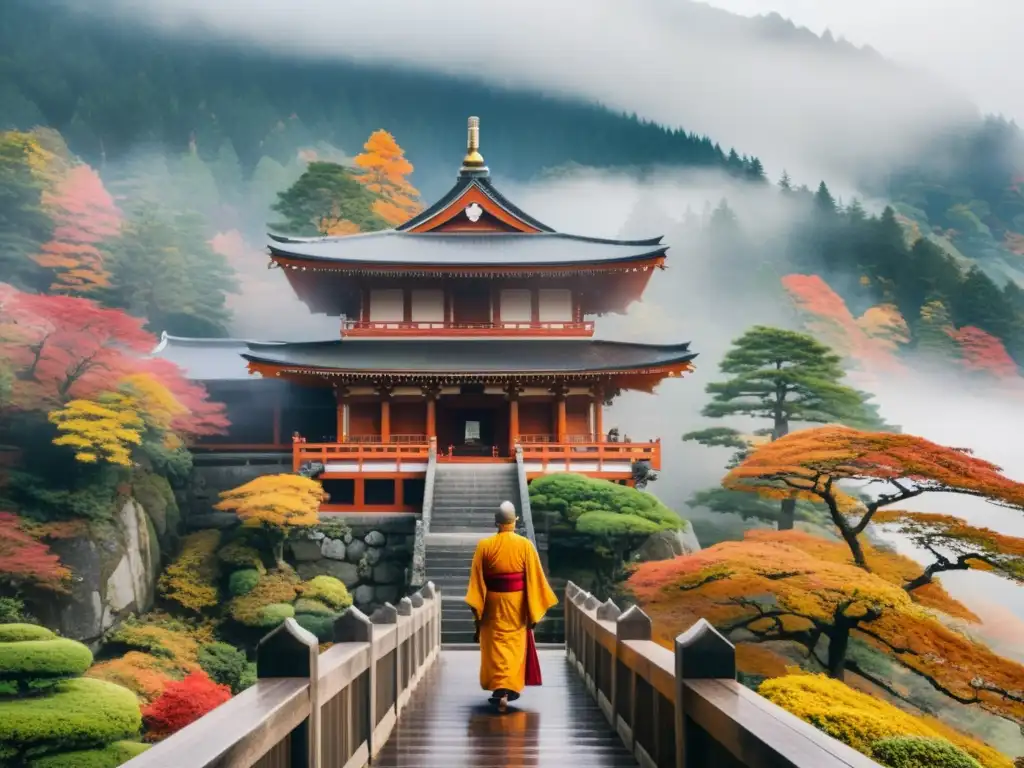 Monje contemplativo en templo japonés, rodeado de naturaleza y la filosofía de la impermanencia asiática