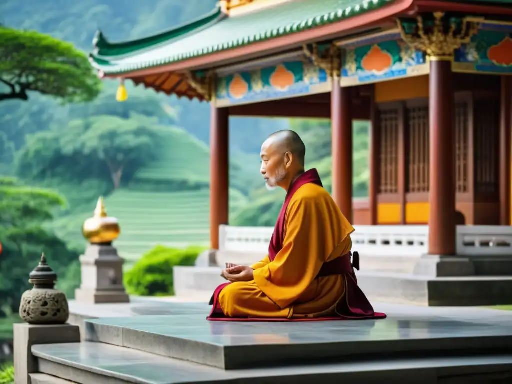 Monje en meditación frente a un hermoso templo en las montañas de Asia, transmite paz y sabiduría de la Filosofía Oriental para conocimiento práctico