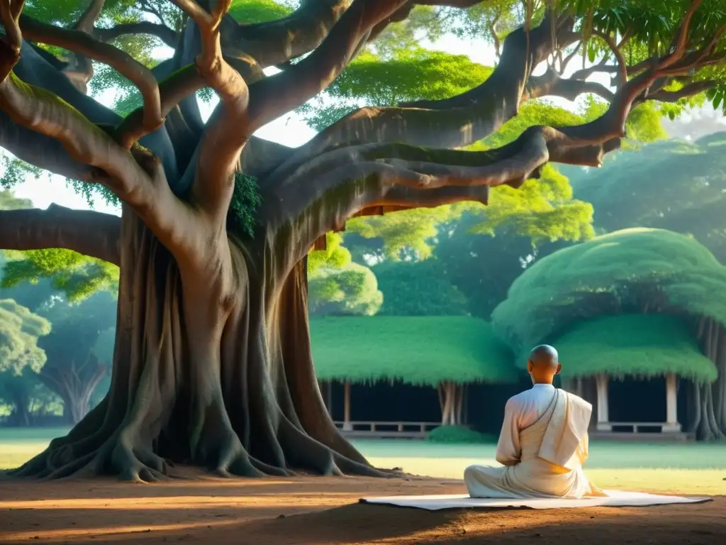 Un monje jainista medita bajo un árbol banyan antiguo, rodeado de exuberante vegetación