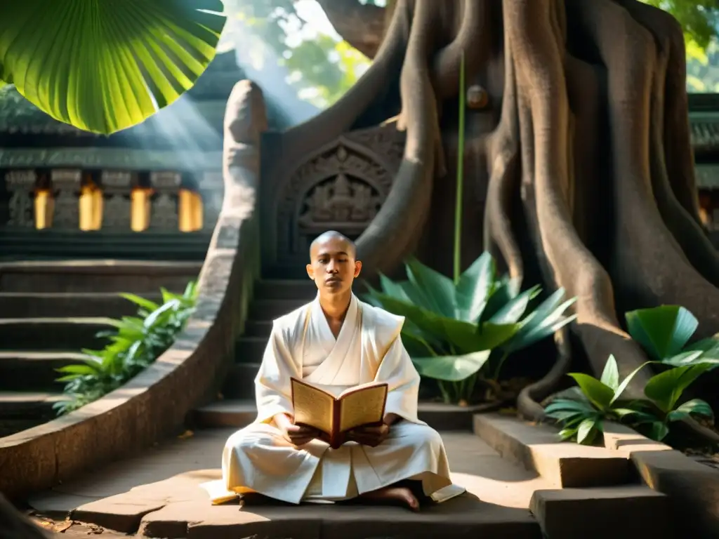 Monje jainista meditando bajo un árbol sagrado, rodeado de carvings de Aparigraha, reflejando la esencia de la filosofía jainista de la no posesión