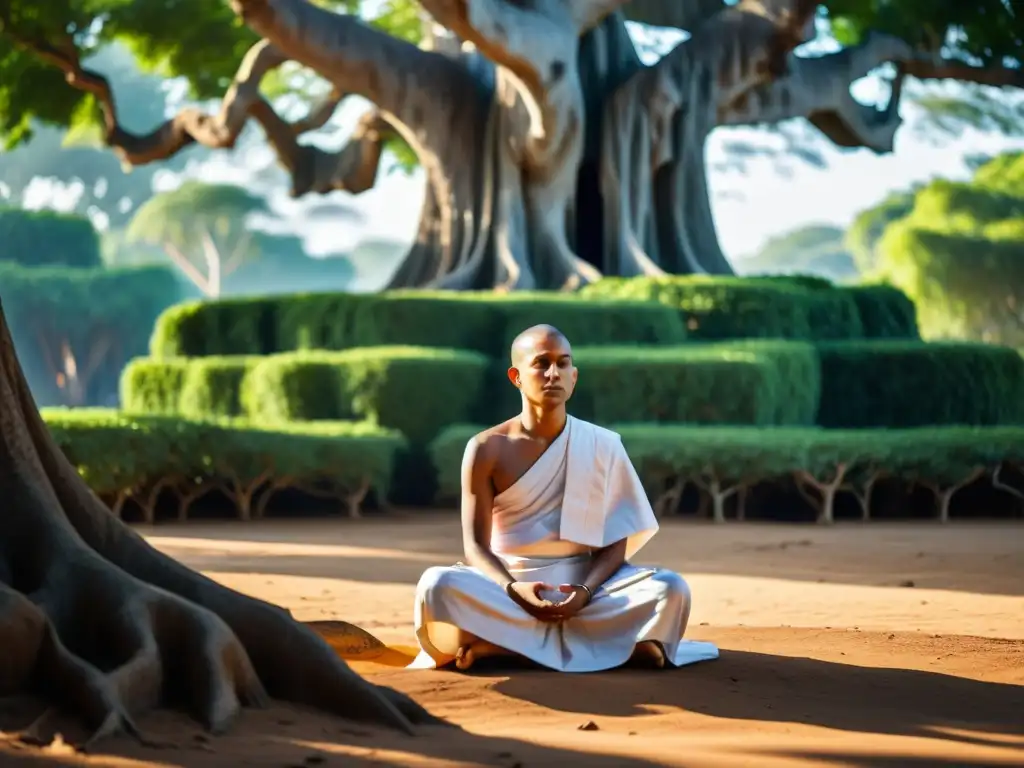 Un monje jainista en meditación bajo un árbol banyan, transmite serenidad y la importancia de la no violencia en el Jainismo