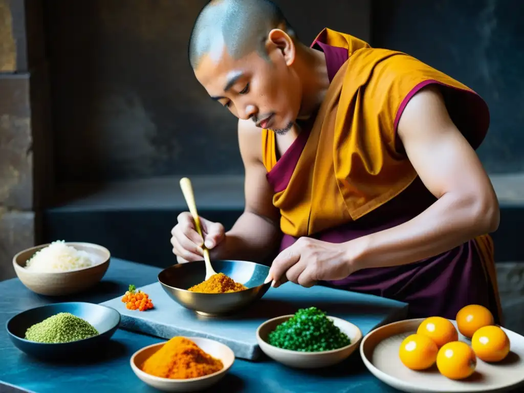 Un monje jainista prepara con devoción una comida tradicional, mostrando una conexión espiritual a través de la gastronomía en el Jainismo