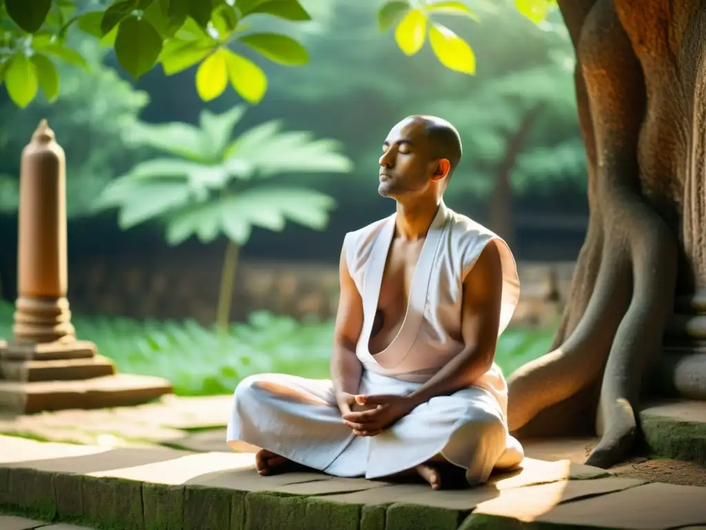 Monje jainista meditando en un hermoso patio de templo rodeado de vegetación exuberante