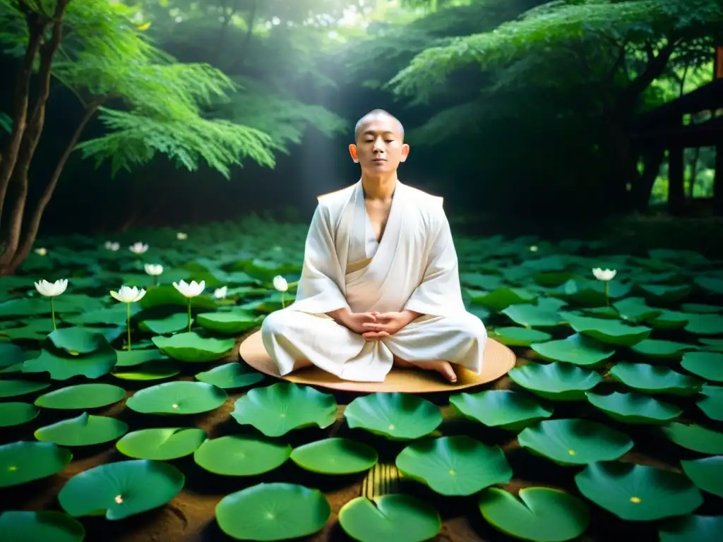 Un monje jainista en meditación profunda, rodeado de naturaleza serena, simbolizando la liberación espiritual de los Tirthankaras Jainistas