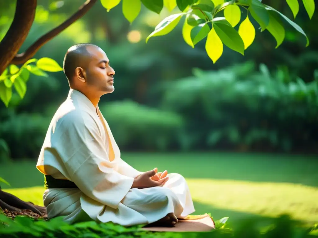 Un monje jainista en meditación profunda, rodeado de exuberante vegetación en un jardín tranquilo