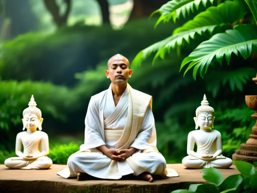 Monje Jain en Meditación: Serenidad y Espiritualidad Un monje jainista meditando rodeado de esculturas y símbolos jainistas en un entorno sereno y exuberante