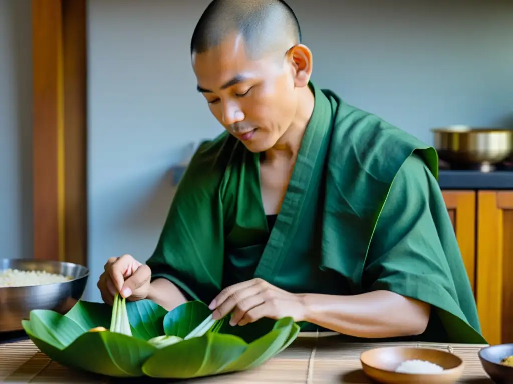 Un monje jainista prepara con serenidad una comida tradicional en una cocina simple, mostrando la gastronomía en el Jainismo