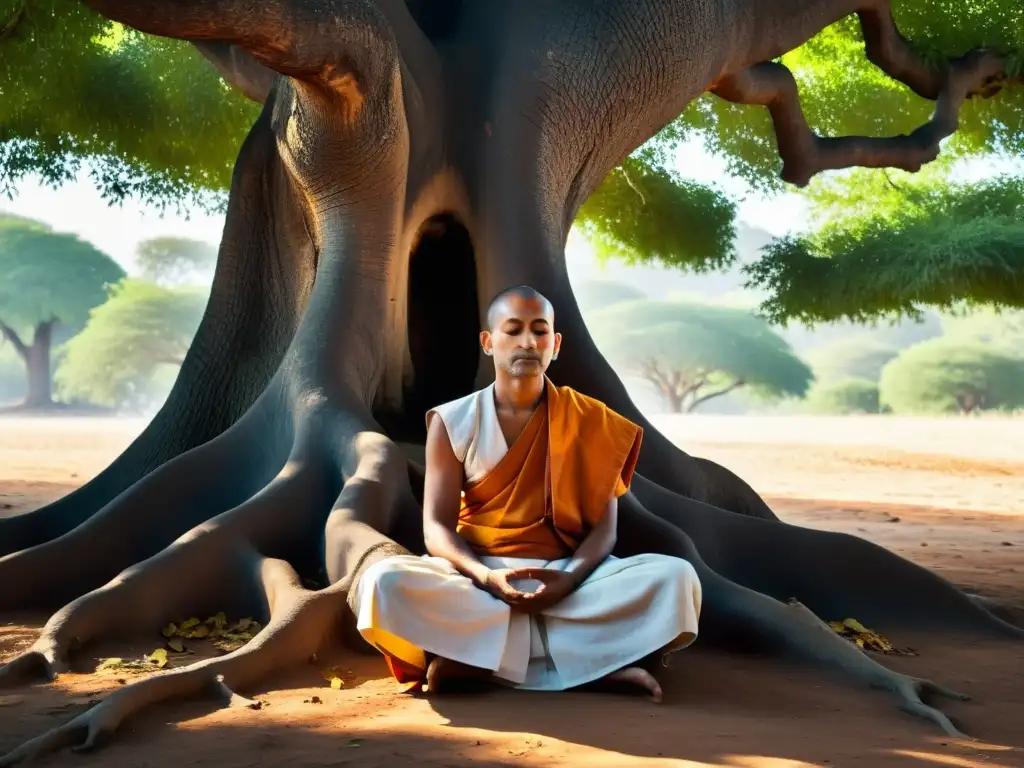 Un monje jainista medita en silencio bajo un árbol ancestral, transmitiendo paz a través del silencio en el Jainismo