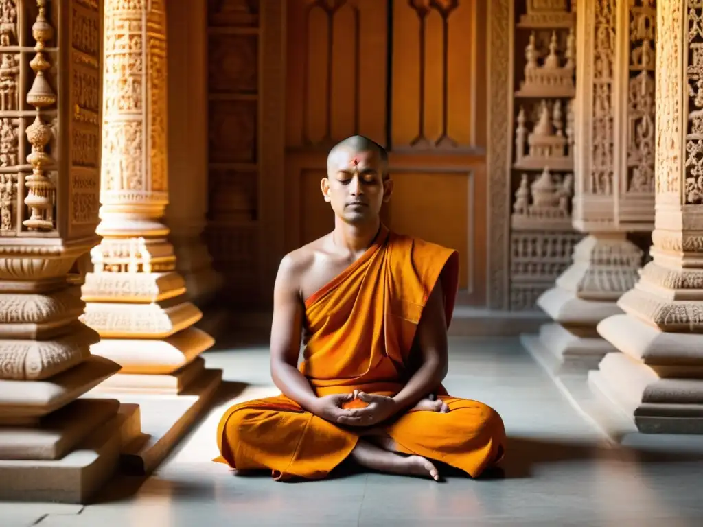 Un monje jainista medita en un templo, rodeado de tirthankaras, en un ambiente de tranquilidad y reverencia